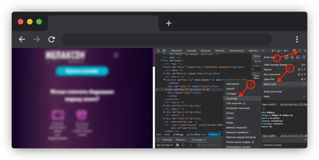 Select "More tools" then "Coverage"
